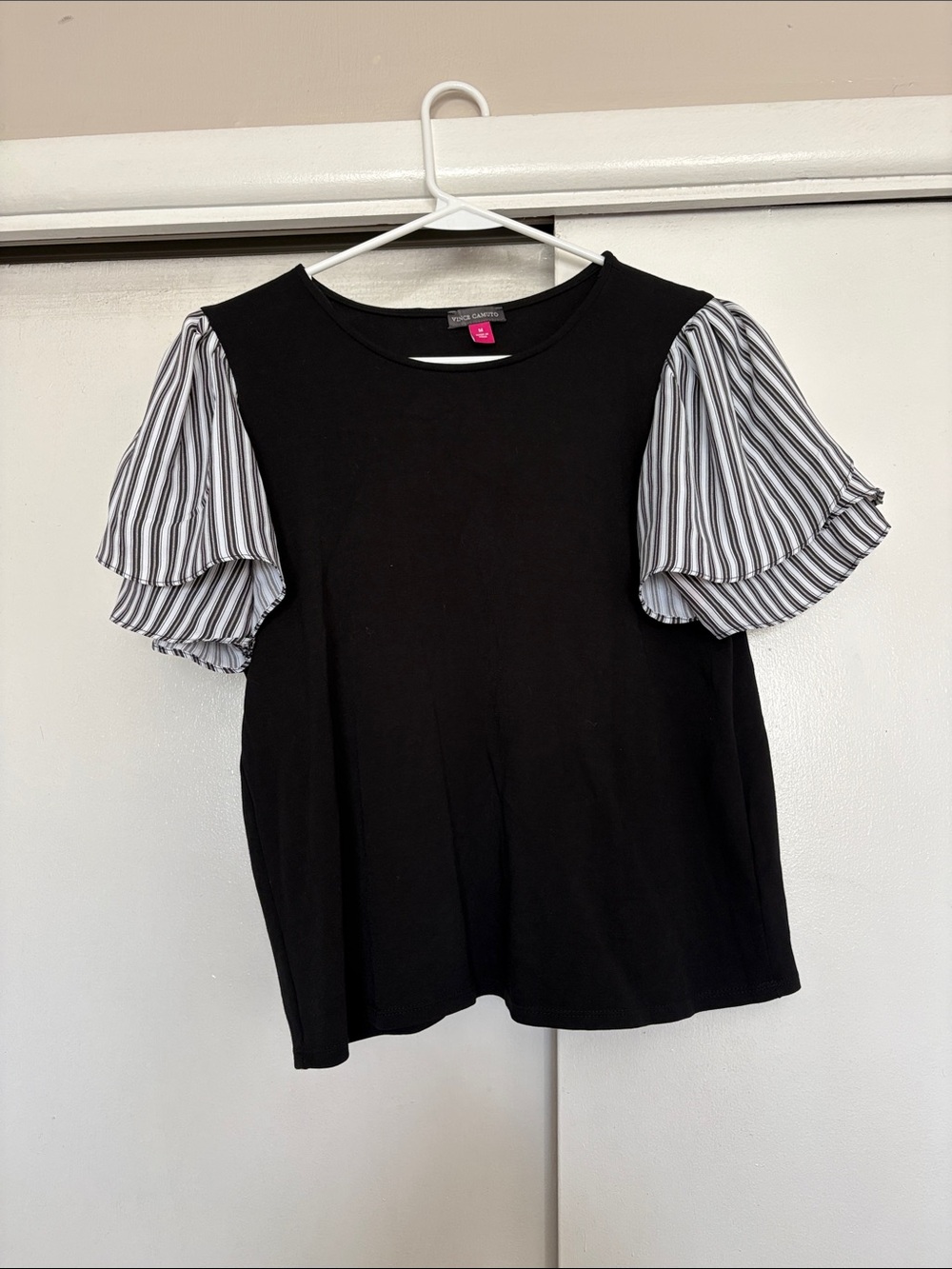 Vince Camuto Black Tee with Striped Puff Sleeves